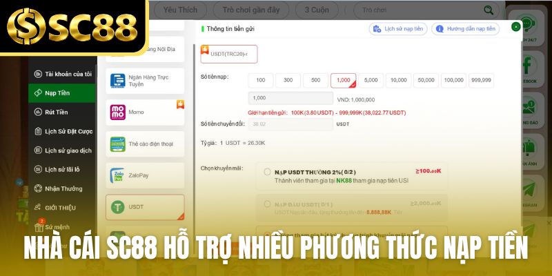 Nhà cái SC88 hỗ trợ nhiều phương thức nạp tiền